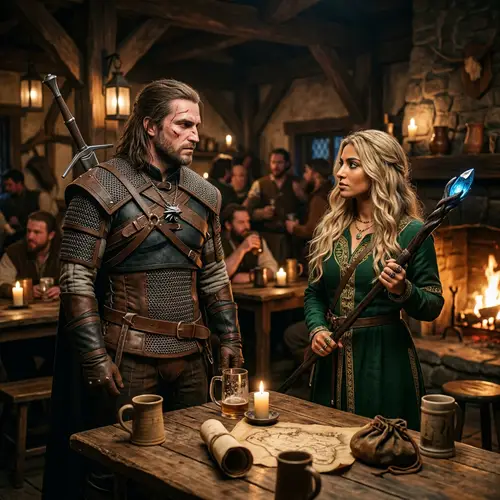 Male Witcher and Middle-Eastern Sorceress in Rustic Tavern Scene