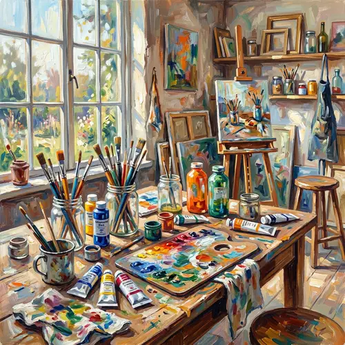 Vibrant Impressionist Style Painting of Art Studio Background