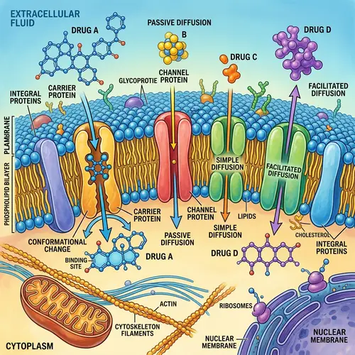 Drug Molecules Crossing Cellular Membrane | Scientific Illustration