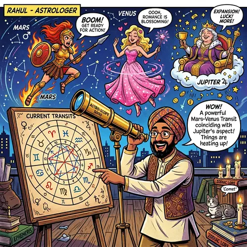 Comic Style Astrology Transits: South Asian Astrologer and Celestial Planets