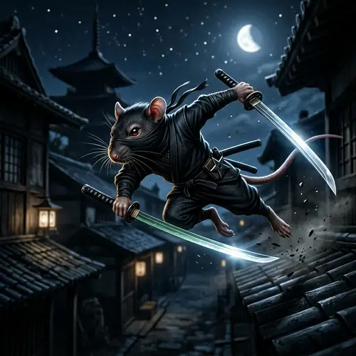 Ninja Rat with Katanas: Cunning Warrior in Shadows