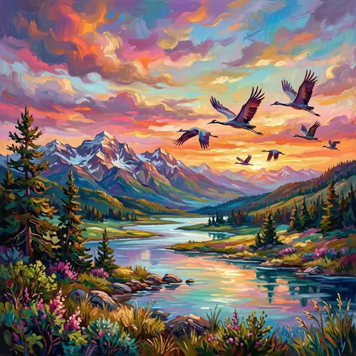 Vibrant Landscape Artwork with Graceful Birds in Flight