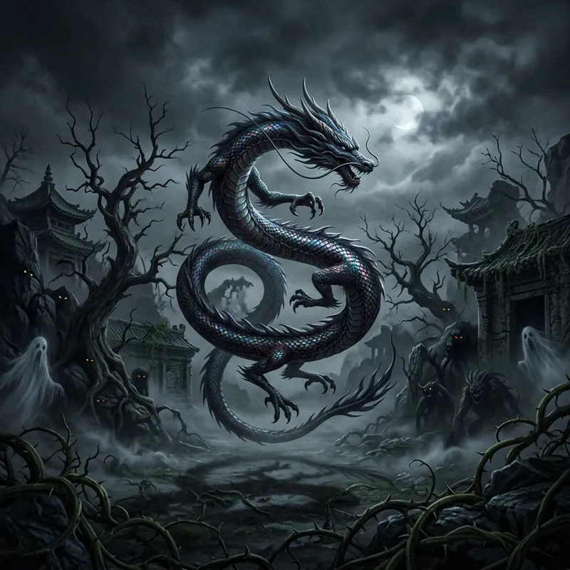 Eerie Chinese Dragon against a Spooky Backdrop