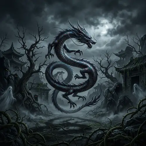 Fearsome Chinese Dragon in Nightmarish Landscape