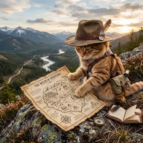 Explorer Cat with Hat and Map
