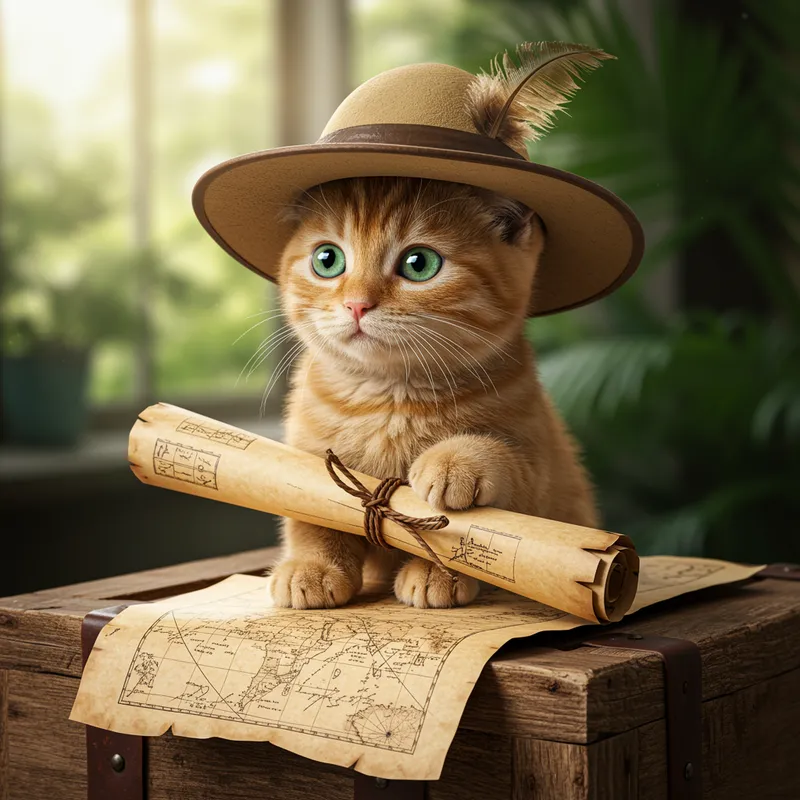 Explorer Cat with Hat and Map