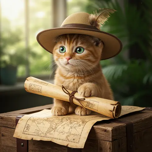 Explorer Cat with Hat and Map