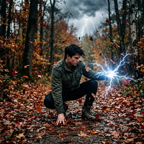 Crouched Male with Lightning Amid Falling Leaves