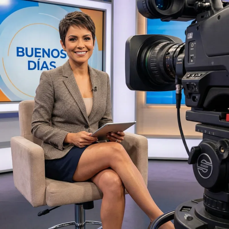 Hispanic Female TV Anchor with Stylish Haircut & Mini Skirt