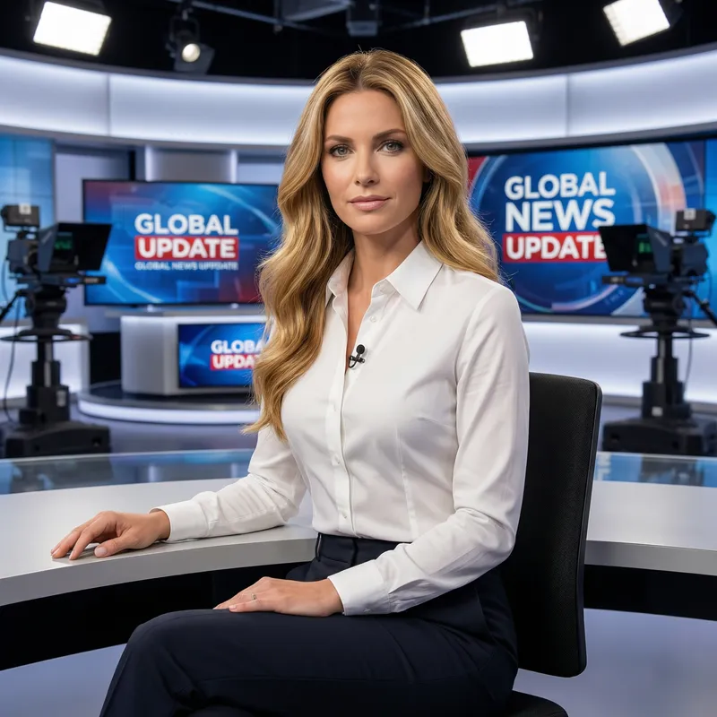 Stunning News Anchor with Golden Hair in Professional Studio – 32K Resolution Wonder