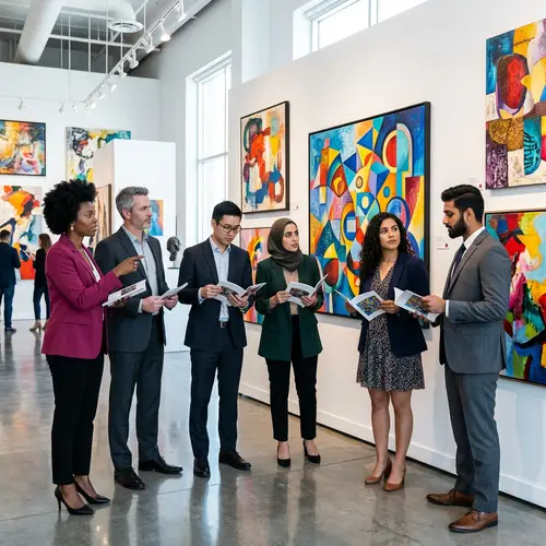 Abstract Art Gallery | Art Buyers Admiring Vibrant Paintings