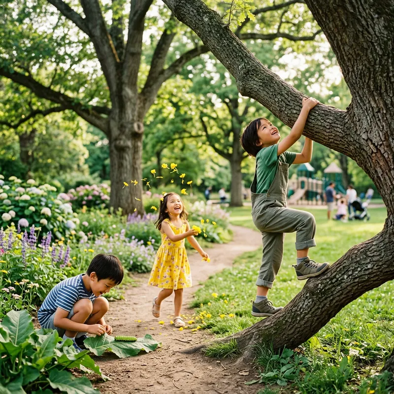 Joyful Asian Children Playing in Enchanting Park