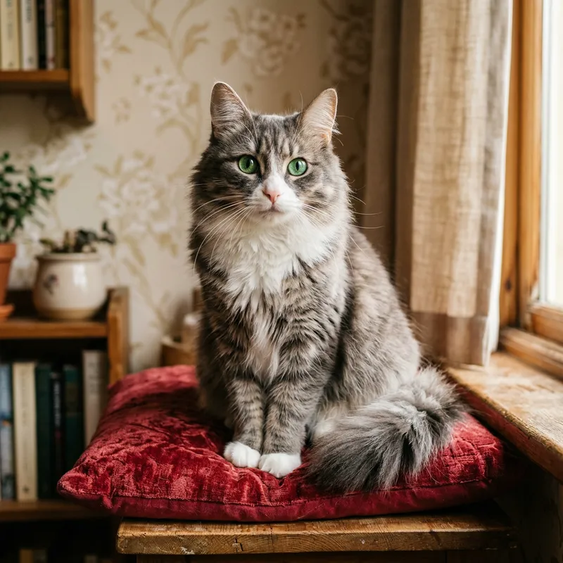 Adorable Grey and White Cat Resting on Cozy Red Pillow