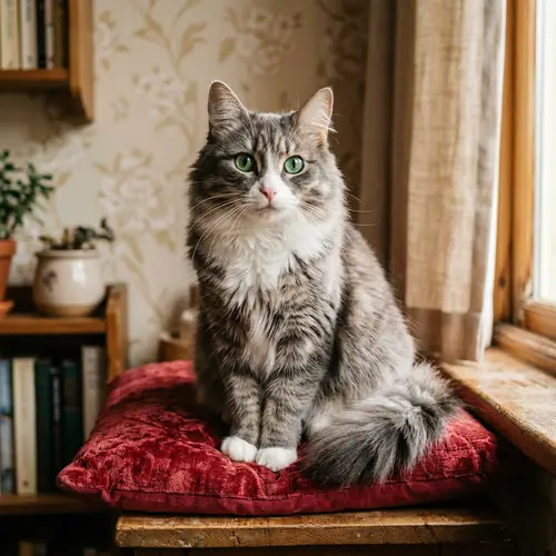 Detailed Image of Grey and White Fluffy Cat on Red Pillow