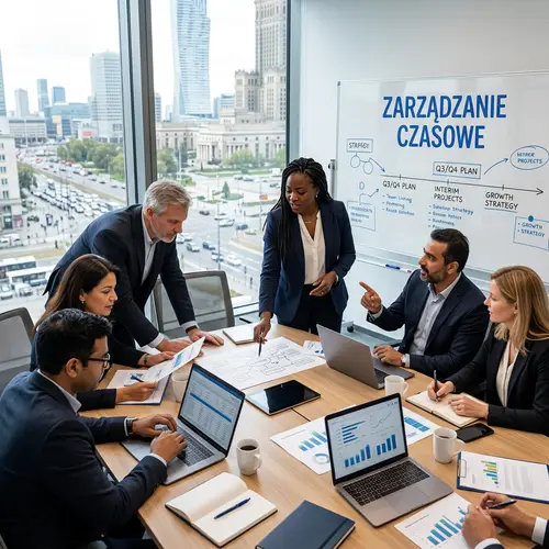 Diverse Interim Management Professionals Strategizing in Urban Setting