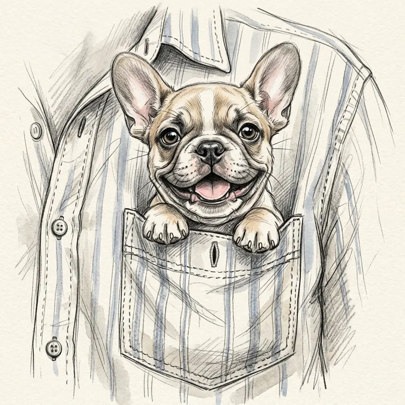 Adorable French Bulldog Puppy Sketch Peeking from Shirt Pocket