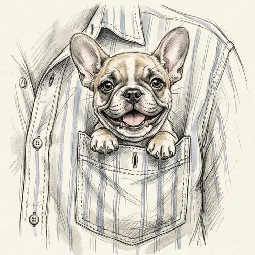 Cute French Bulldog Puppy Peeking from Shirt Pocket