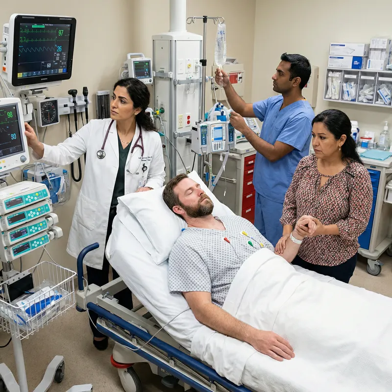 Realistic Photo of Male Patient in Hospital Bed with Diverse Medical Team