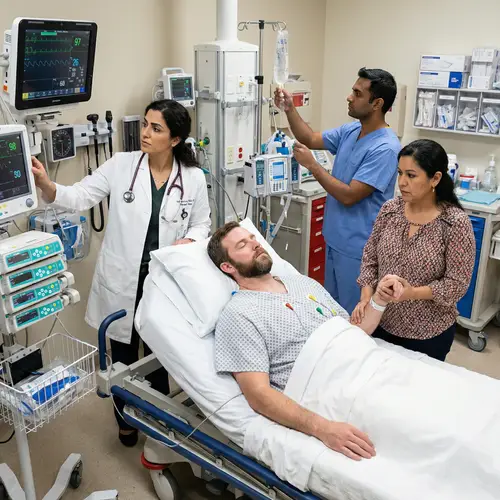 Realistic Photo of Male Patient in Hospital Bed with Doctor, Nurse, and Wife
