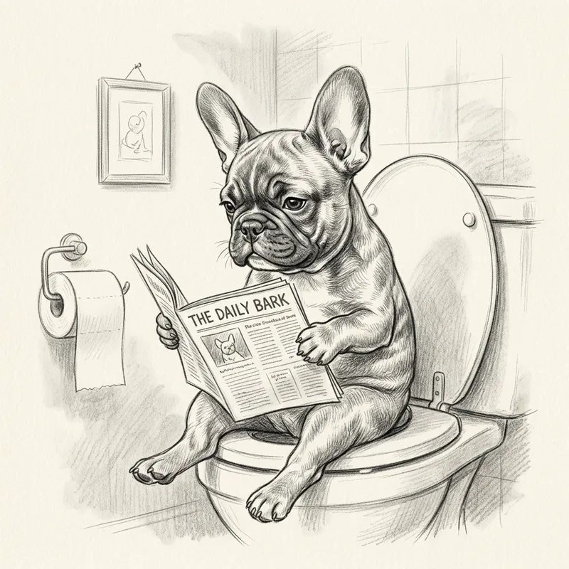 Charming French Bulldog Puppy Sketch on Toilet with Newspaper