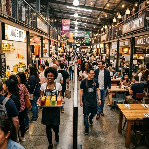 Modern Marketplace Scene with Servers Selling Juices and Leading Customers