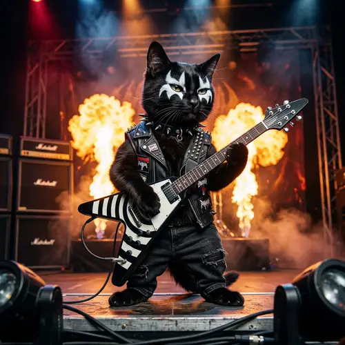 Metal Style Cat Playing Guitar with Fiery Stage Backdrop