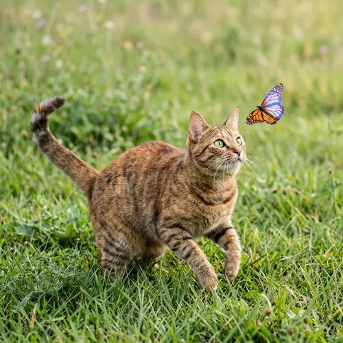 Medium-Sized Domestic Cat with Tiger-Like Stripes - Playful Encounter