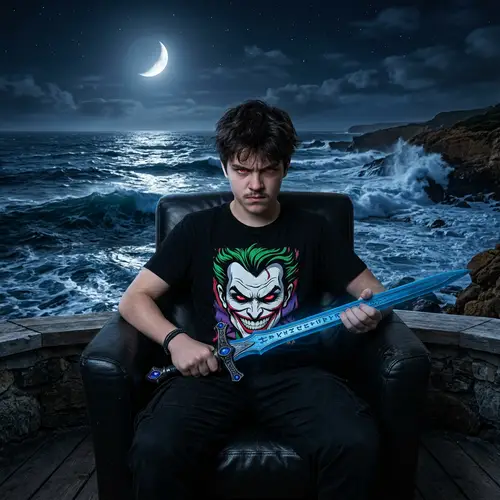 Teenage Boy with Blue Sword and Crescent Moon Scene