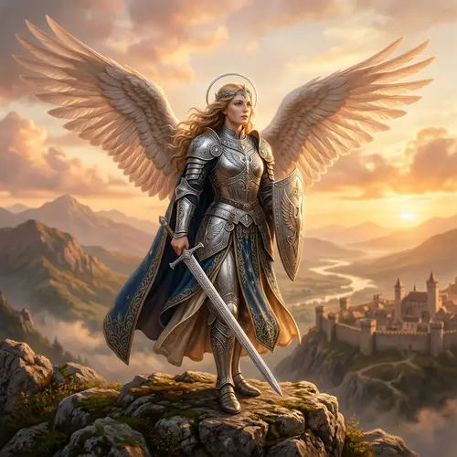 Ethereal Angel in Silver Armor - Majestic Beauty and Strength