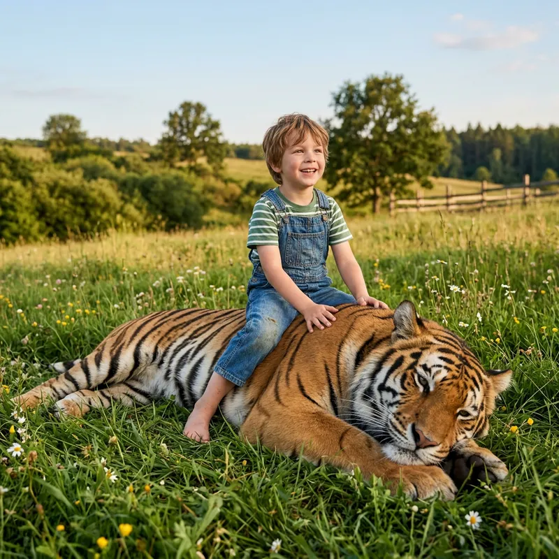 Young Boy Riding Majestic Tiger in Serene Meadow