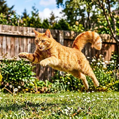 Vibrant Orange Cat Leaping Playfully in Sunny Yard