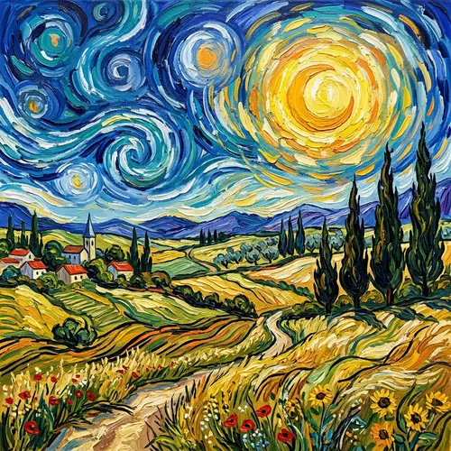 Van Gogh Inspired Artwork: Swirling Skies, Vibrant Colors, Bold Brushstrokes