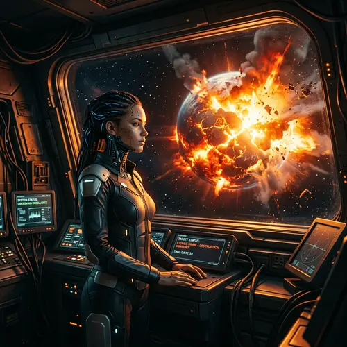 Feminine Humanoid AI in Spaceship Amidst Nuclear Destruction