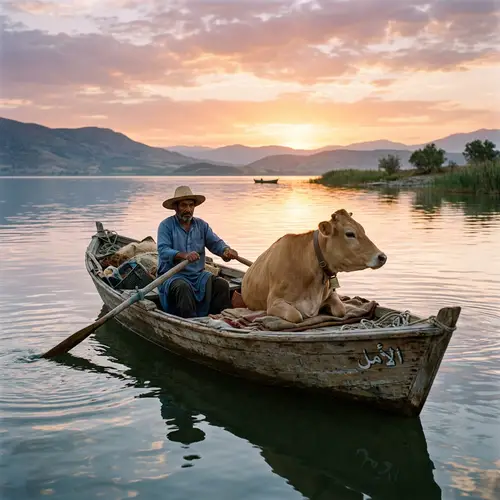 Serene Middle-Eastern Fisherman Rowing Wooden Boat on Quiet Lake