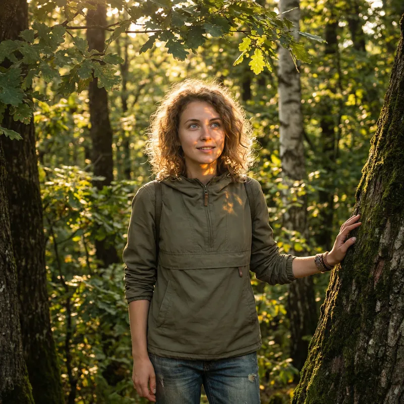 Curly Girl with Blue Eyes in Enchanting Woodland Scene