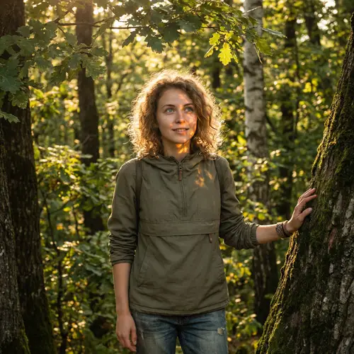 Curly Girl with Blue Eyes in Natural Woodland Setting