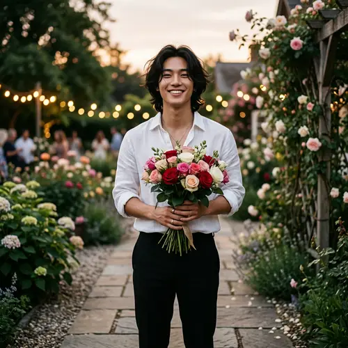 Graceful East Asian Male Pop Singer with Bouquet of Roses