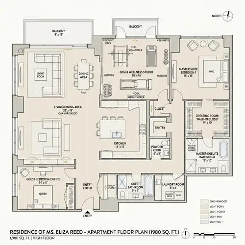 Athletic Female Celebrity 5'6" Apartment Floor Plan in Light Colors