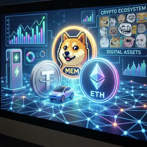 Cryptocurrency Tokens: MEM, Tesla, Ethereum Artwork