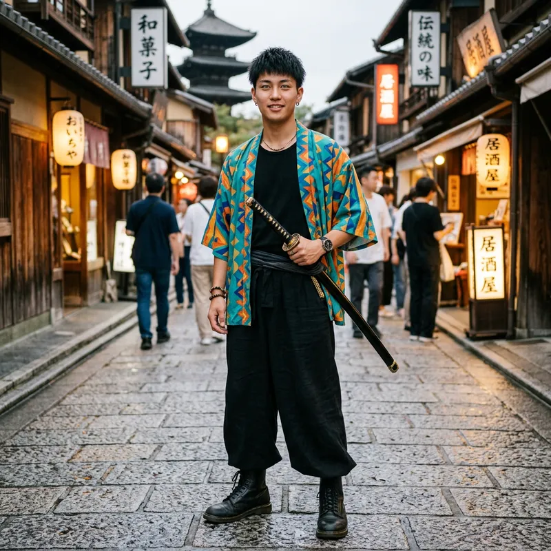 Stylish Young Man with Green Eyes and Katana - Trendy Look