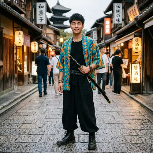 Young Man Fashion with Green Eyes and Katana - Trendy Style