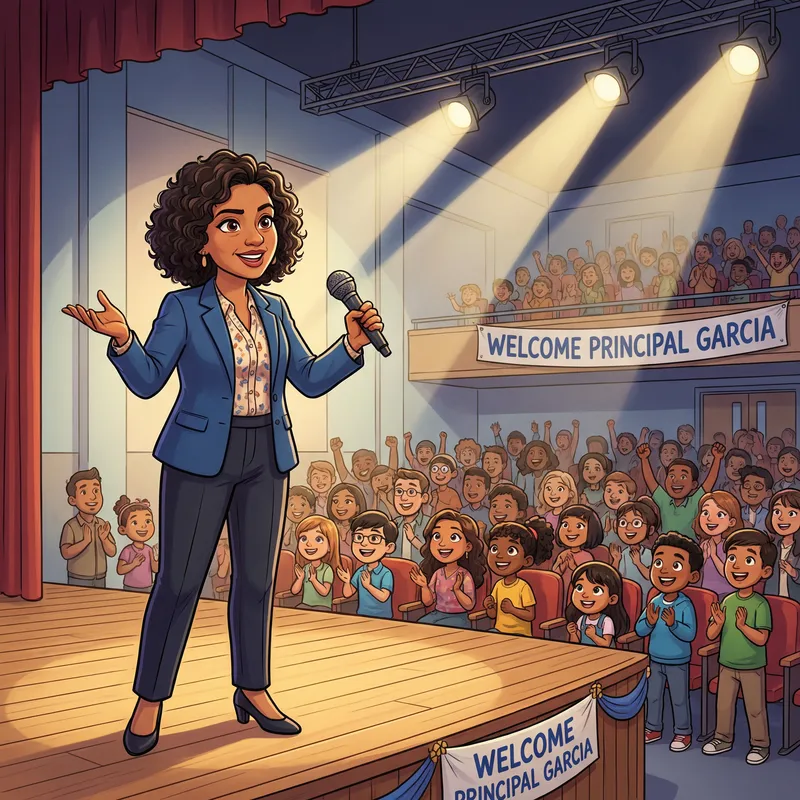 Female School Principal Speaking on Stage (Cartoon)