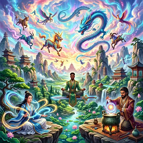 Fantastical Xianxia Scene with Mythical Beasts and Diverse Cultivators