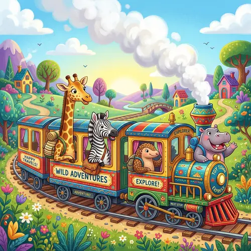 Playful Toy Train Adventure with Exotic Animals