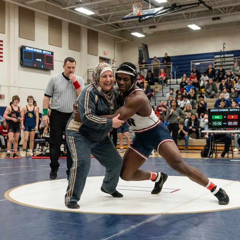 Old Arab Woman Wrestles Young Competitor