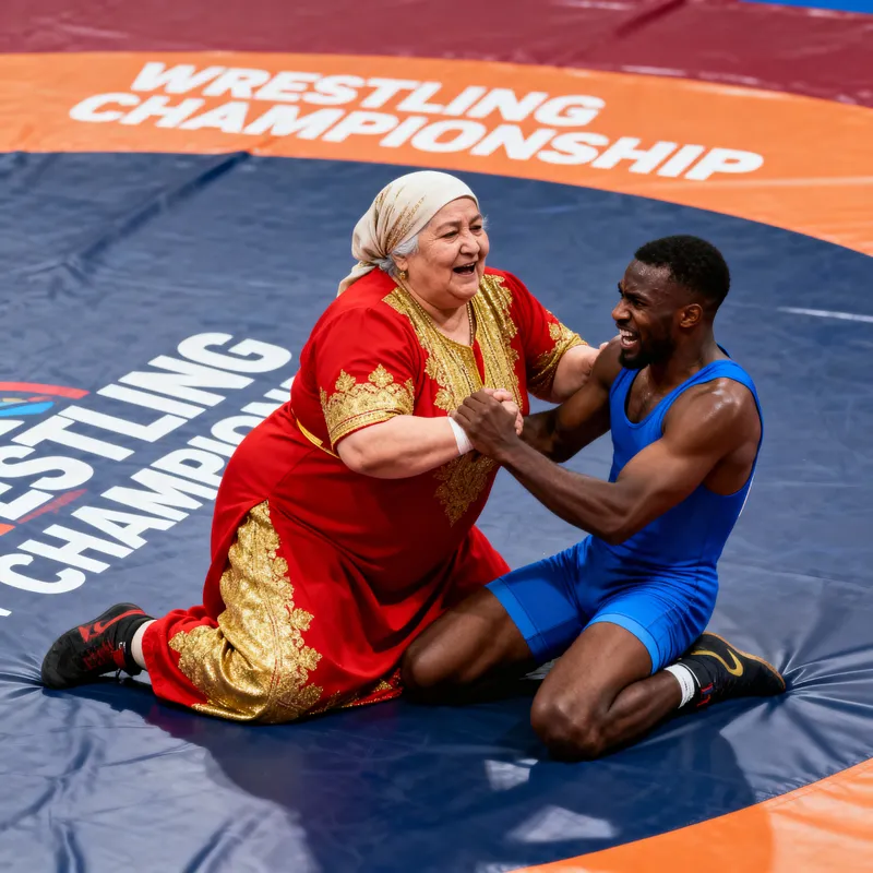 Old Arab Woman Wrestles Young Competitor