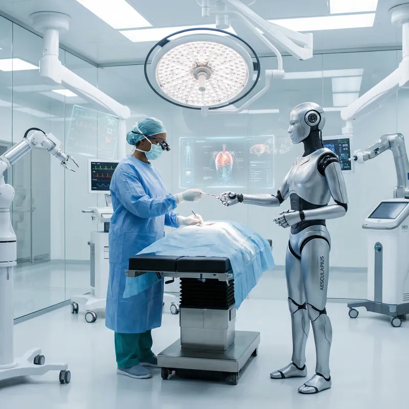 Futuristic Operating Room: Surgeon and Robot Perform Surgery