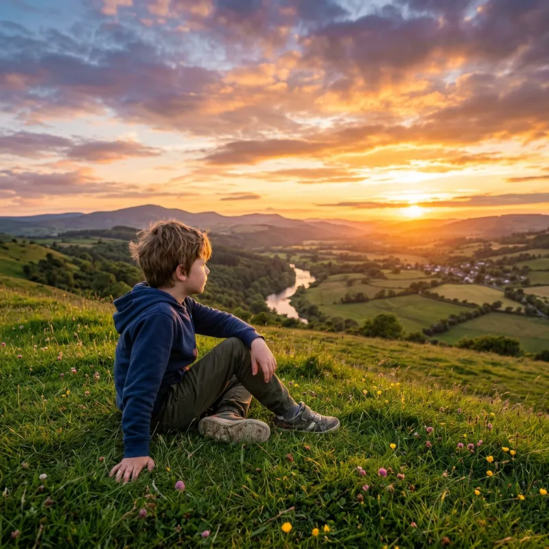 Golden Hour Sunset Portrait: Young Boy Relaxed in Nature
