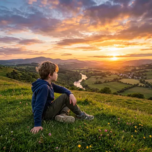 Golden Hour Sunset Portrait: Young Boy On Lush Green Grass