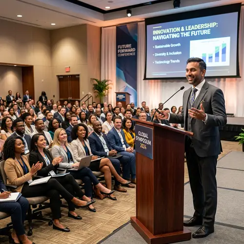 Professional South Asian Man Speaking at Conference | Inspiring Presentation